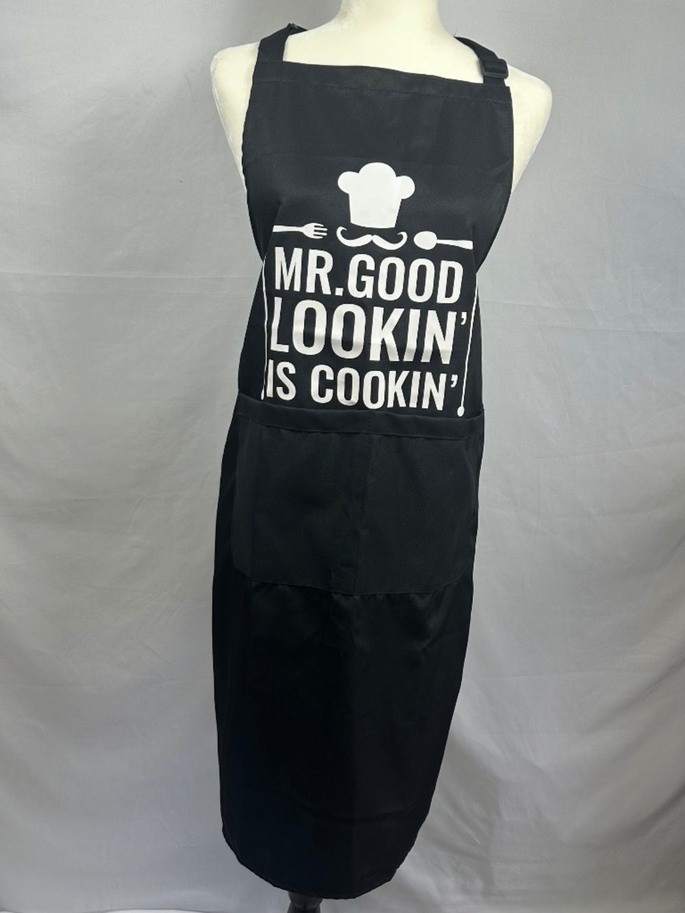 Men's Black Apron, "Mr. Good Lookin Is Cookin" Front Pocket, Full Apron with Tie